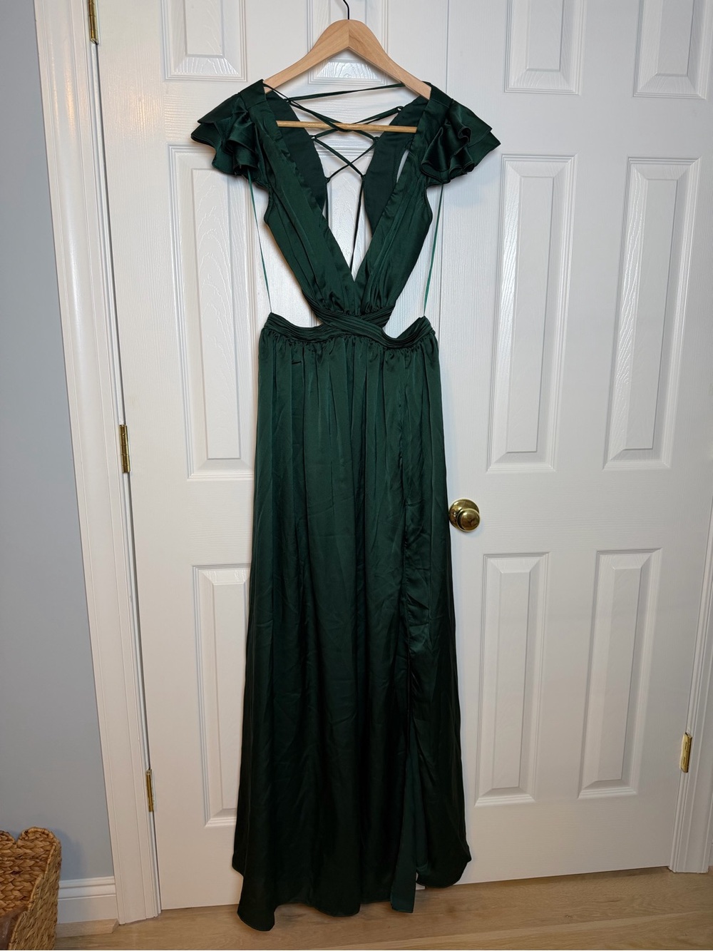 Emerald Green Wedding Guest Maxi Dress with Ruffled Shoulders